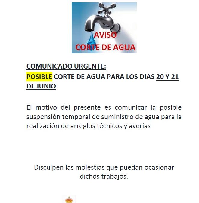 Corte de agua 20 y 21 de junio